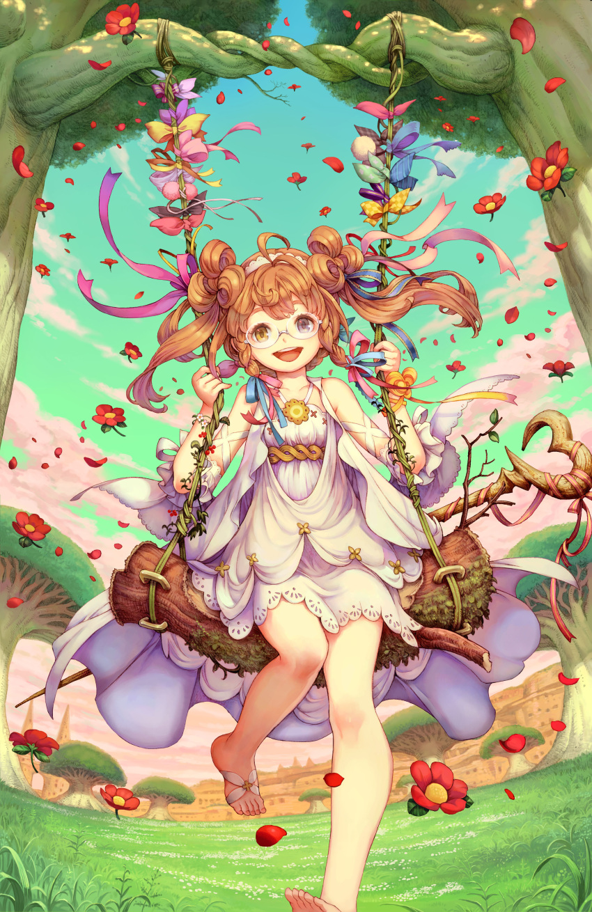 1girl absurdres ahoge bare_legs blue_eyes character_request copyright_request floating_hair flower glasses haccan hair_ribbon heterochromia highres long_hair looking_at_viewer open_mouth outdoors ribbon sitting solo staff swing yellow_eyes