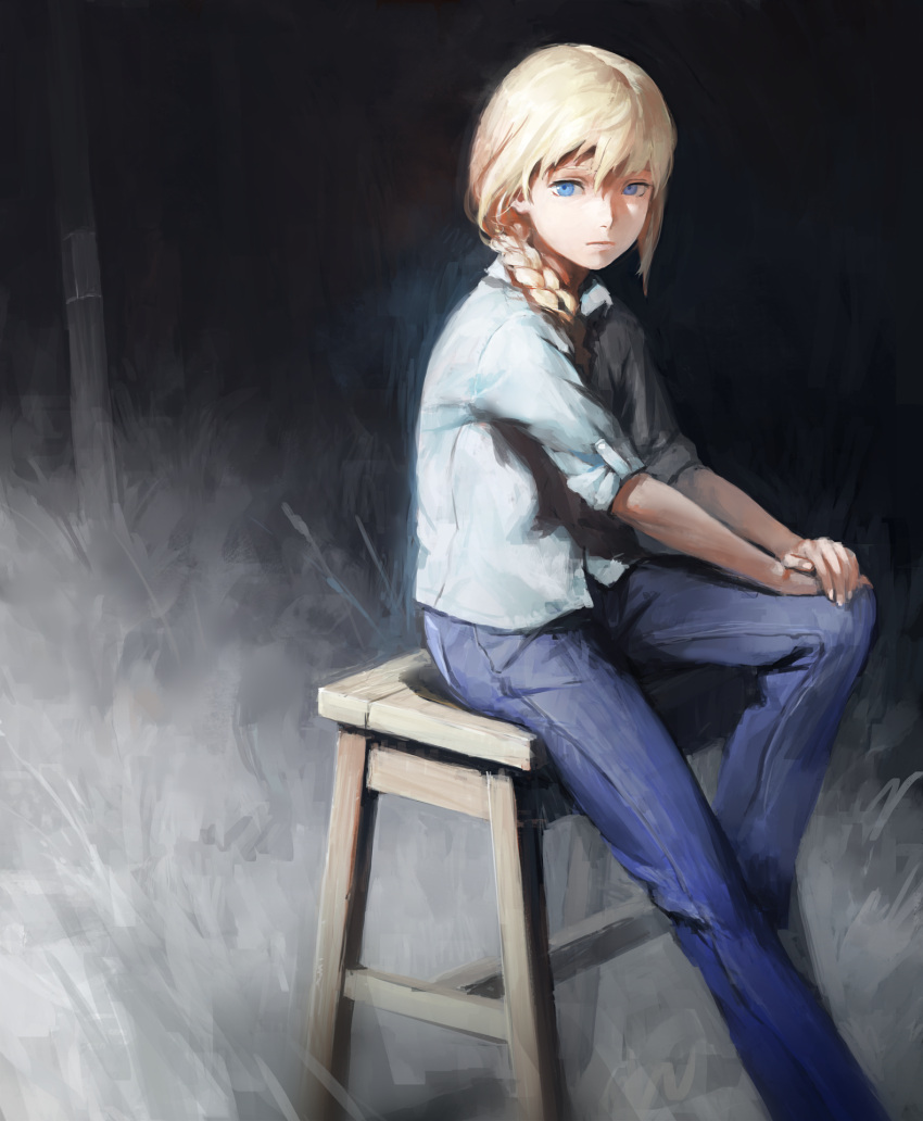 1girl blonde_hair blue_eyes braid denim hair_over_shoulder hands_on_knee highres jeans long_hair nababa original pants shirt short_sleeves single_braid sitting solo stool