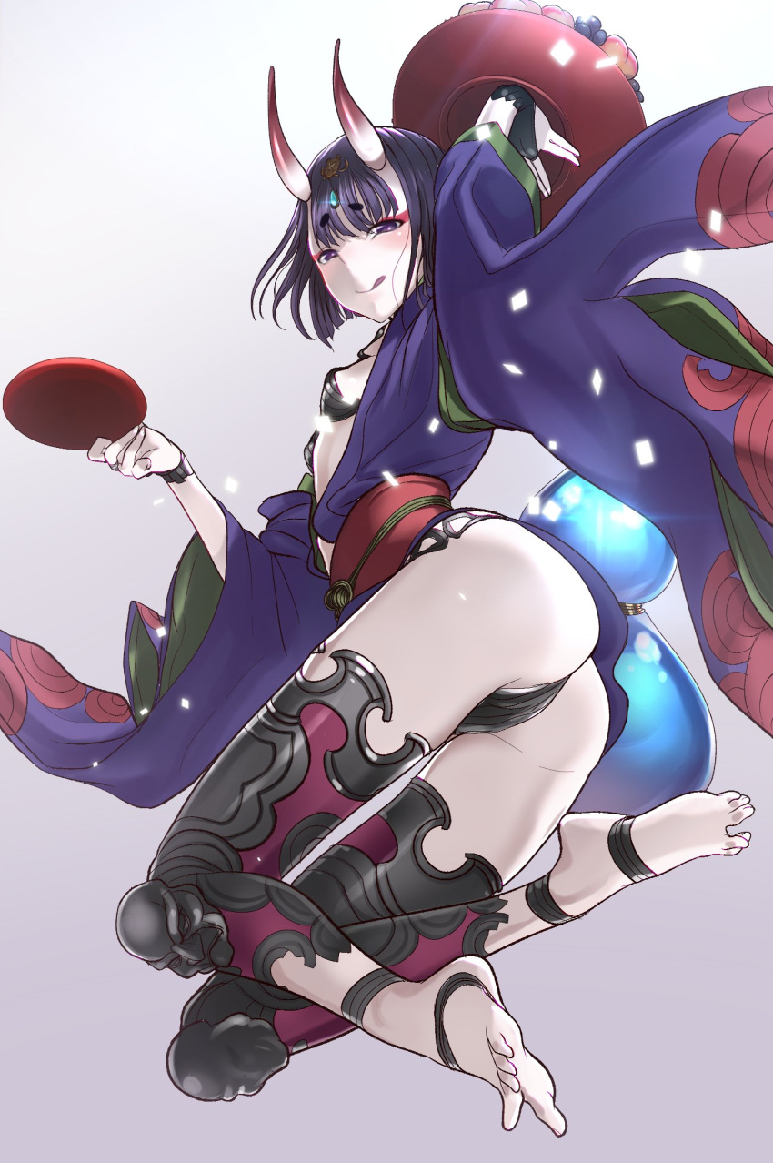 1girl :q ass barefoot black_hair eyebrows eyebrows_visible_through_hair fate/grand_order fate_(series) highres horns looking_at_viewer oni pale_skin q_(ed69) sakazuki shuten_douji_(fate/grand_order) small_breasts smile solo tongue tongue_out violet_eyes