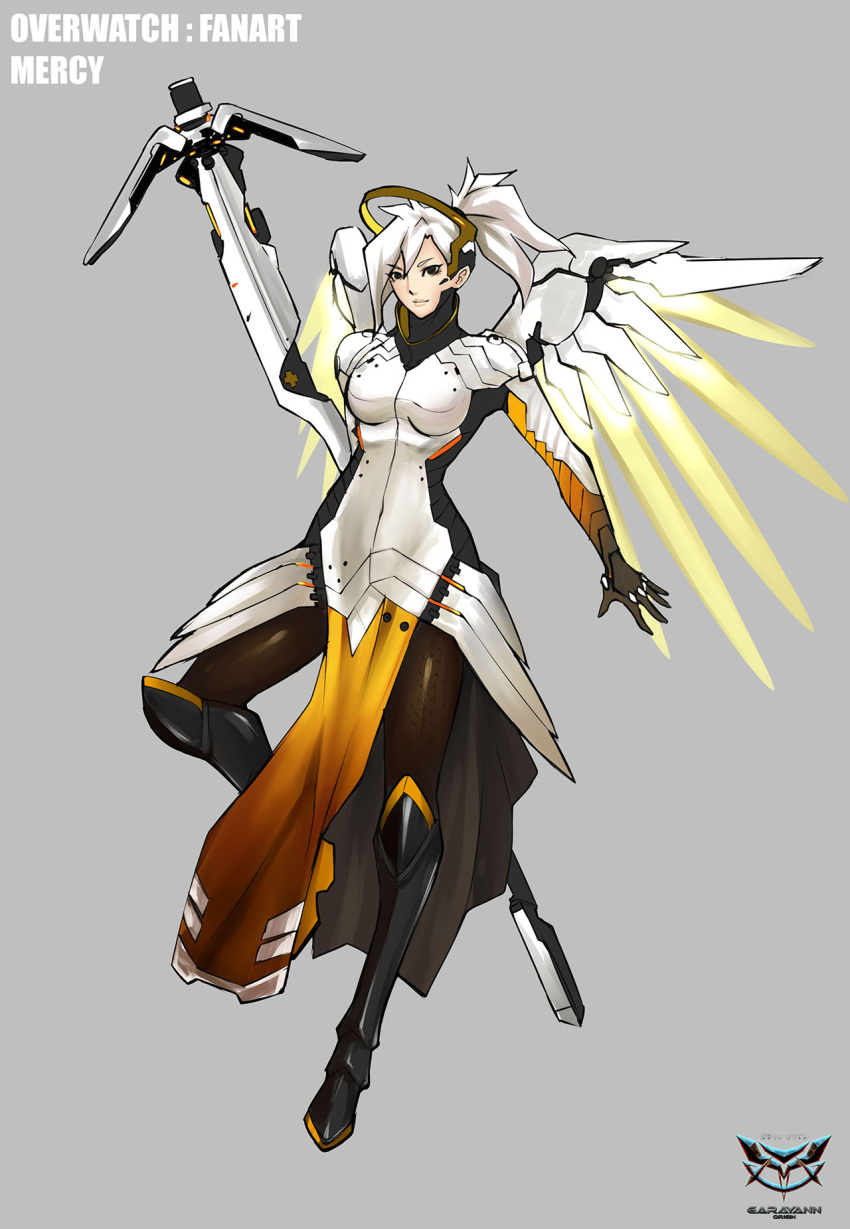 1girl armor black_eyes boots garayann grey_background highres mechanical_halo mechanical_wings mercy_(overwatch) overwatch pantyhose ponytail simple_background skin_tight smile solo wings