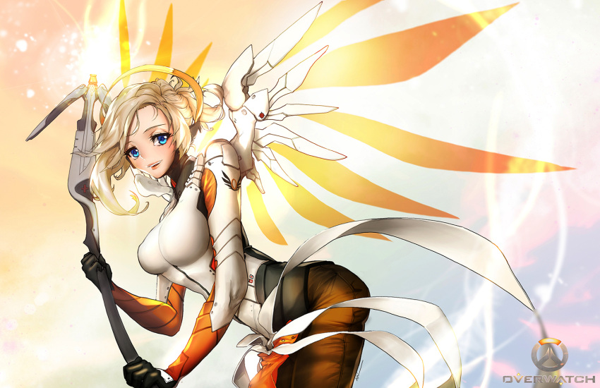 1girl :d black_gloves blonde_hair blue_eyes breasts brown_legwear copyright_name cowboy_shot eyelashes from_side gloves glowing high_ponytail large_breasts leaning_forward leotard lips logo long_hair looking_at_viewer mechanical_halo mechanical_wings mercy_(overwatch) multicolored_background nal_(nal's_pudding) open_mouth overwatch pantyhose parted_lips ponytail smile solo staff wing_print wings