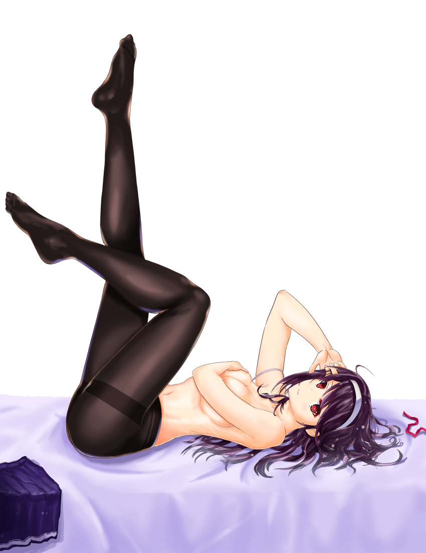 1girl absurdres ass bare_arms black_hair black_legwear breasts cleavage covering covering_breasts ebsfinal hairband hand_in_hair highres kasumigaoka_utaha legs_up long_hair looking_at_viewer lying navel on_back on_bed pantyhose red_eyes saenai_heroine_no_sodatekata skirt skirt_removed solo thighband_pantyhose