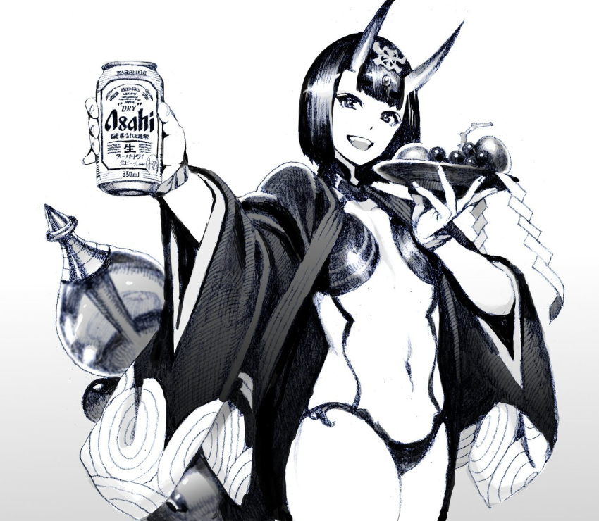 asahi_(beer) black_hair cape fate/grand_order fate_(series) highres horns monochrome navel nobita shuten_douji_(fate/grand_order) sketch