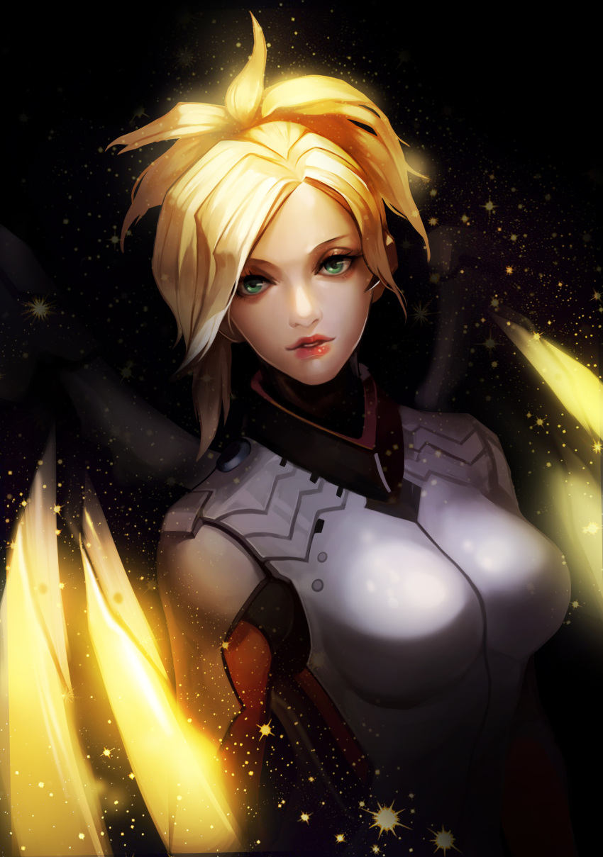 1girl absurdres armor blonde_hair gorget green_eyes highres lips looking_at_viewer mechanical_wings mercy_(overwatch) overwatch parted_lips ponytail solo sparkle wings zzoggomini