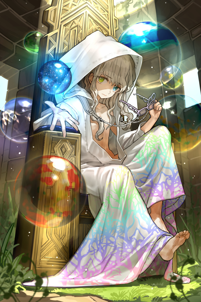 1girl absurdres aqua_eyes barefoot blonde_hair bubble glasses green_eyes hair_over_shoulder highres holding hood long_hair long_sleeves looking_at_viewer naked_robe outstretched_arm outstretched_hand sitting solo throne