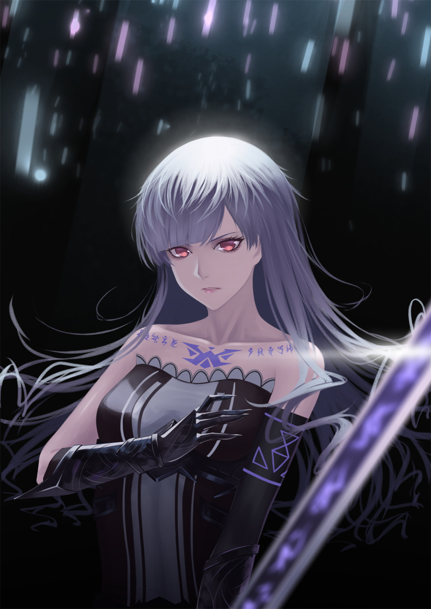1girl armor bare_shoulders dress elbow_gloves gloves highres long_hair original red-d red_eyes silver_hair solo strapless strapless_dress sword tattoo weapon