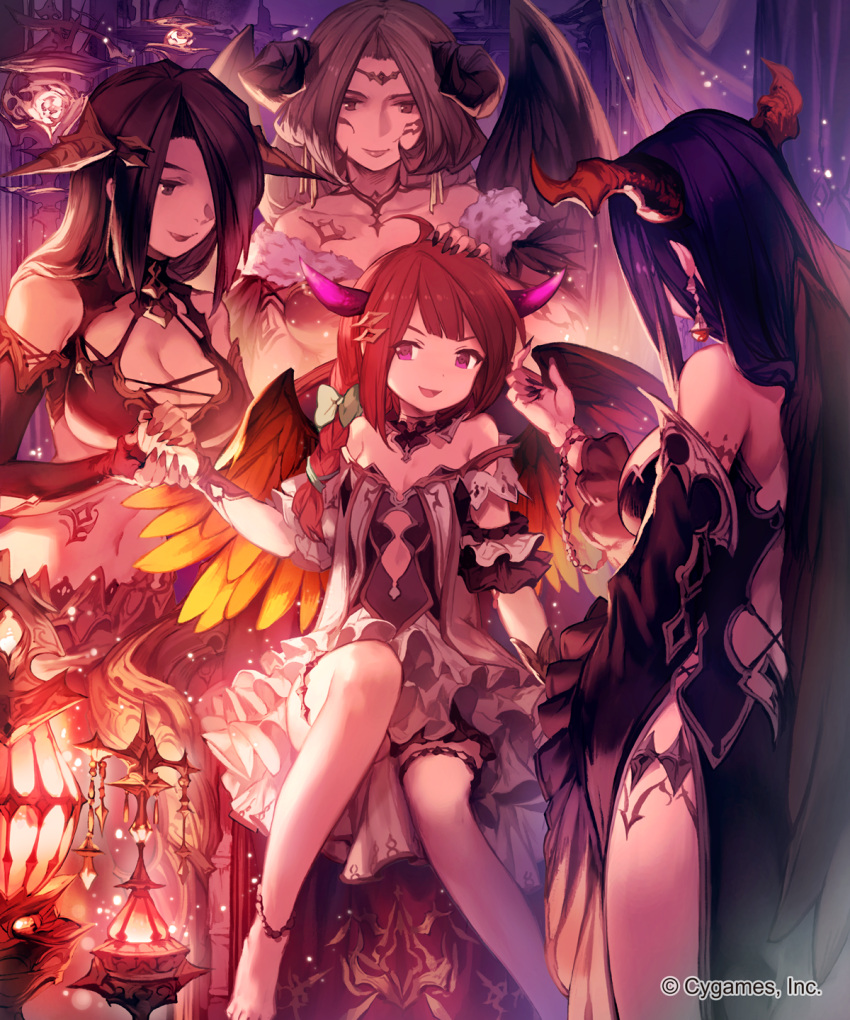 4girls ahoge angel_wings bare_shoulders black_eyes black_nails blue_hair blue_ribbon blue_wings breasts character_request cleavage collarbone demon_girl demon_horns detached_sleeves dress feathers fingernails hair_ornament hair_ribbon halter_top halterneck hand_on_another's_head highres holding_hands horns jewelry knees_together_feet_apart large_breasts lee_hyeseung midriff multiple_girls nail_polish navel necklace official_art panties pantyshot pantyshot_(sitting) redhead ribbon shingeki_no_bahamut silver_hair sitting smile tress_ribbon underwear violet_eyes watermark wings