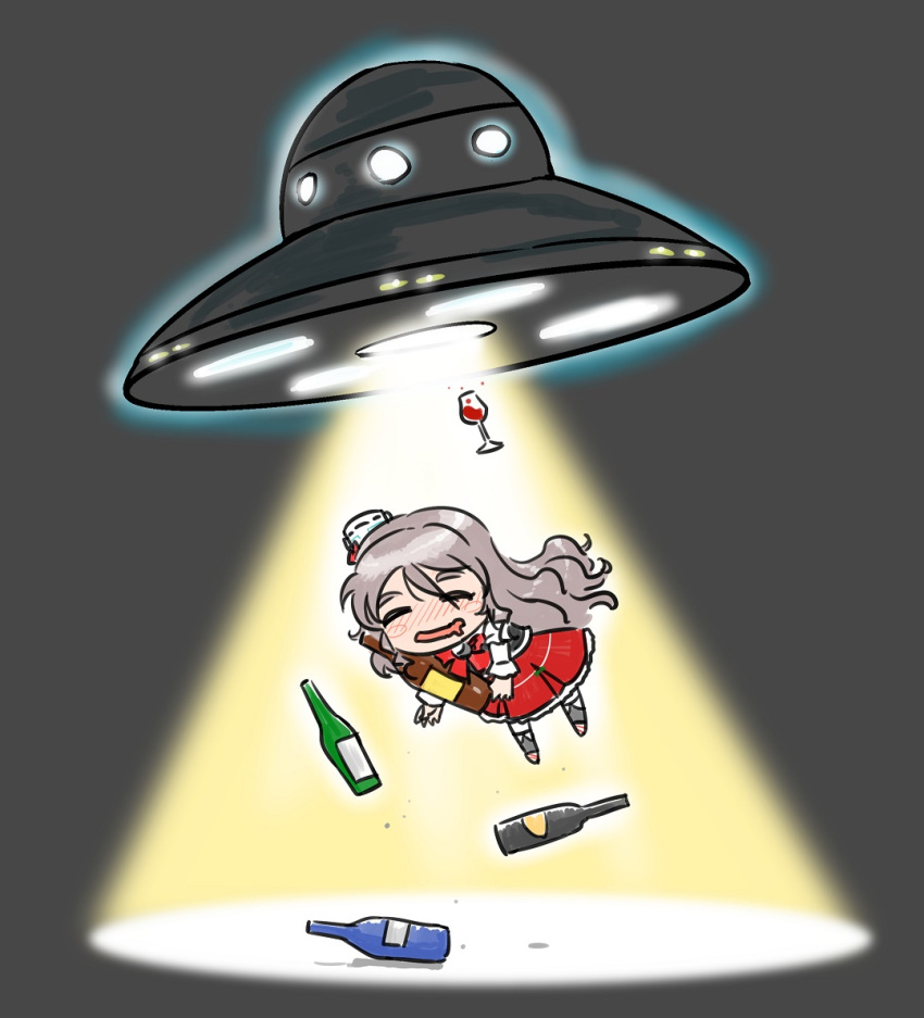 1girl ao_arashi blush blush_stickers bottle closed_eyes commentary_request cup drinking_glass drunk eyebrows floating flying_saucer grey_background grey_hair hair_between_eyes hat kantai_collection light long_hair long_sleeves mini_hat open_mouth pola_(kantai_collection) red_skirt ribbon shirt skirt smile solo space_craft thick_eyebrows traction_beam wavy_hair wavy_mouth white_shirt wine_glass