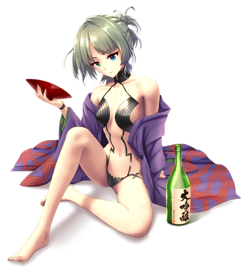 1girl alcohol bare_legs bare_shoulders barefoot bottle collarbone cosplay eyebrows eyebrows_visible_through_hair fate/grand_order fate_(series) green_eyes green_hair head_tilt heterochromia highres holding idolmaster idolmaster_cinderella_girls infinote japanese_clothes jewelry kimono looking_at_viewer navel neck_ring off_shoulder open_clothes open_kimono revealing_clothes sakazuki sake sake_bottle short_hair shuten_douji_(fate/grand_order) shuten_douji_(fate/grand_order)_(cosplay) simple_background sitting small_breasts smile solo spread_legs stomach takagaki_kaede toes white_background wrist_cuffs