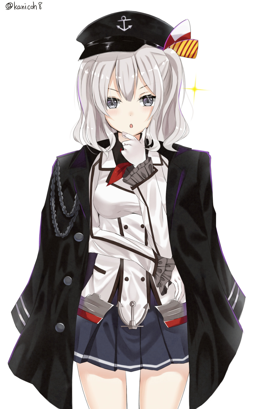 1girl :o absurdres blue_eyes gloves hand_on_own_chin hat highres jacket_on_shoulders kanikou kantai_collection kashima_(kantai_collection) kerchief miniskirt peaked_cap pleated_skirt short_hair short_twintails silver_hair skirt solo sparkle twintails twitter_username white_gloves