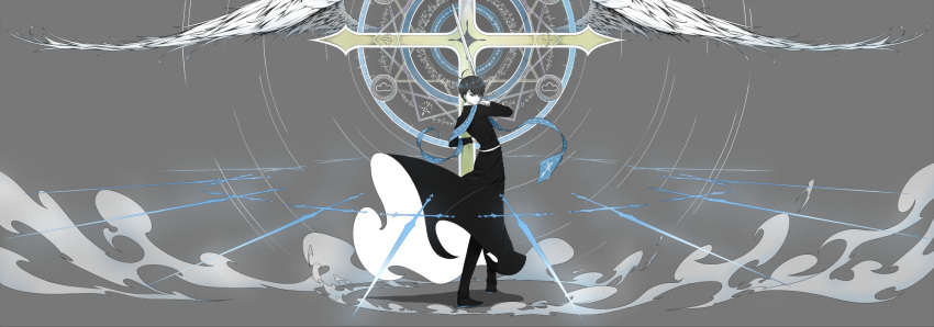 1boy alternate_costume alternate_eye_color back black_hair black_pants black_shoes blue_eyes cassock closed_mouth cross dust feathered_wings full_body grey_background highres holding holding_sword holding_weapon long_sleeves looking_at_viewer looking_back magic_circle male_focus matsuno_karamatsu osomatsu-kun osomatsu-san pants priest sash shaded_face shadow shoes silentcity simple_background solo standing stole sword weapon white_skin wind wings