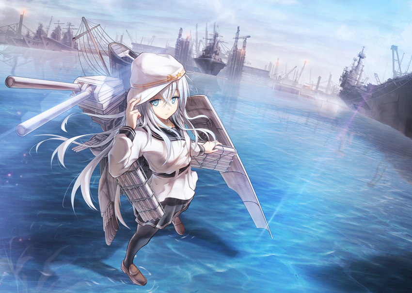 1girl bangs belt black_legwear black_skirt blue_eyes blue_sky boyogo brown_shoes cannon closed_mouth dutch_angle expressionless eyebrows eyebrows_visible_through_hair flight_deck fog from_above hair_between_eyes hammer_and_sickle hand_up harbor hat hat_tip hibiki_(kantai_collection) holding kantai_collection legs_apart lens_flare light_particles light_rays loafers long_hair long_sleeves looking_at_viewer machinery miniskirt neckerchief ocean outdoors pantyhose pleated_skirt reflection ripples school_uniform serafuku shadow ship shoes silver_hair skirt sky solo standing standing_on_liquid star star_print string striped turret verniy_(kantai_collection) water watercraft