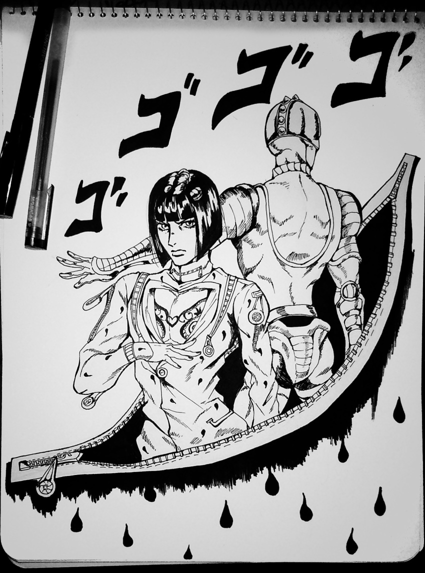 1boy bob_cut bruno_buccellati emptycicada highres ink_(medium) jojo_no_kimyou_na_bouken male_focus monochrome photo stand_(jojo) sticky_fingers_(stand) traditional_media upper_body zipper