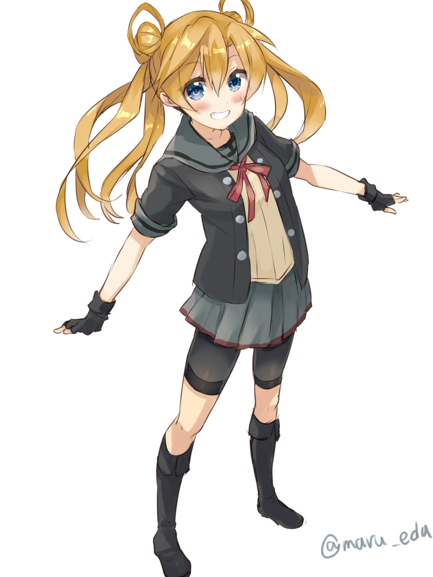 1girl absurdres abukuma_(kantai_collection) bike_shorts blonde_hair blue_eyes boots double_bun fingerless_gloves gloves grin highres jacket kantai_collection knee_boots looking_at_viewer maruki_(punchiki) remodel_(kantai_collection) shorts_under_skirt simple_background smile solo standing twitter_username white_background