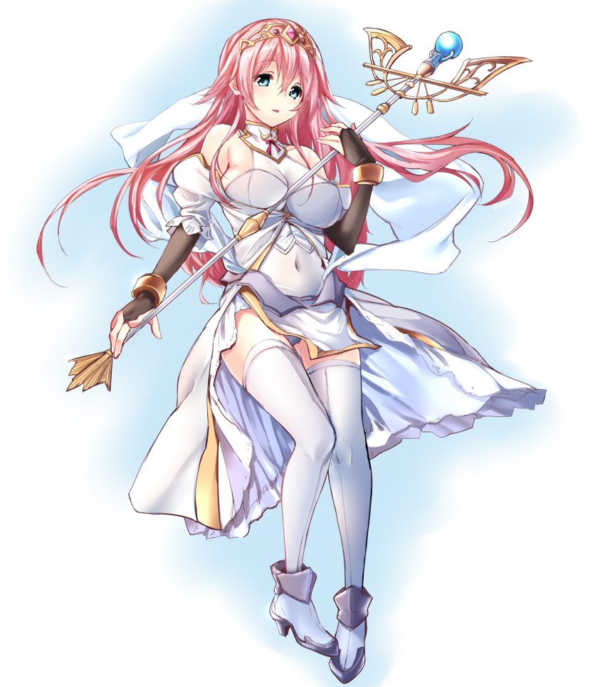 1girl bare_shoulders blue_eyes boots breasts bridal_gauntlets cofepig covered_navel dress esther_(sennen_sensou_aigis) fingerless_gloves gloves highres large_breasts long_hair looking_at_viewer open_mouth pink_hair sennen_sensou_aigis smile solo staff thigh-highs tiara white_legwear