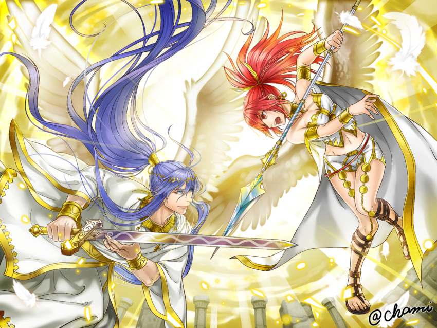 1boy 1girl armlet artist_name backlighting bangs bare_shoulders blue_eyes blue_hair bracelet braid breasts cleavage column commentary_request cul earrings eyebrows eyebrows_visible_through_hair feathered_wings feathers full_body hair_between_eyes head_wreath holding holding_sword holding_weapon jewelry kamui_gakupo light light_rays long_hair looking_at_another midriff navel nose open_mouth pillar polearm ponytail red_eyes redhead sandals shamisonisu signature sleeveless spear stomach strapless sword toes tubetop very_long_hair vocaloid weapon wings yellow_background