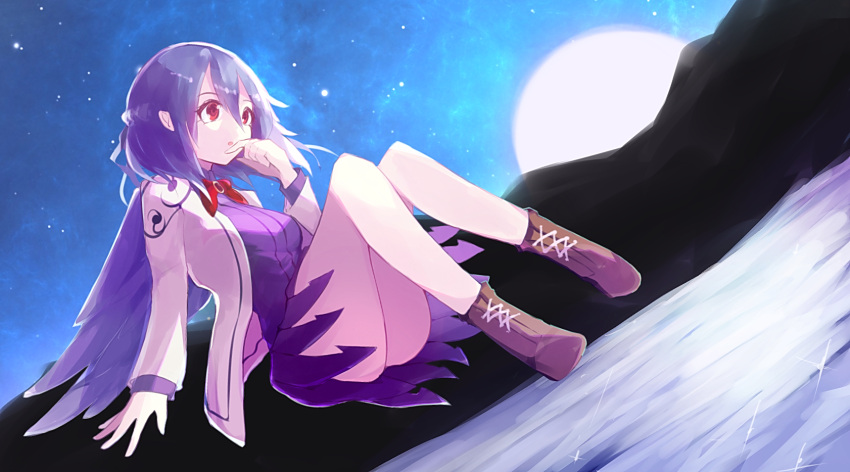 1girl ass backlighting bangs boots bow braid breasts brooch brown_boots brown_jacket chiroru_(cheese-roll) dress finger_to_mouth floating french_braid full_moon grey_wings hair_between_eyes highres jewelry kishin_sagume legs legs_up long_sleeves looking_afar moon moonlight mountain night night_sky perspective purple_dress red_eyes reflection shooting_star short_dress short_hair silhouette single_wing sky solo star_(sky) thighs touhou upskirt water wind wings