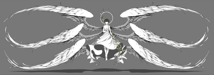 1boy alternate_costume animal arm_at_side bare_shoulders black_hair chest closed_eyes collarbone feathered_wings floating frills full_body grey_background halo head_wreath highres holding holding_staff holding_weapon male_focus matsuno_choromatsu multiple_wings no_shoes osomatsu-kun osomatsu-san seraph shadow silentcity simple_background snake solo staff toga weapon white_skin wings