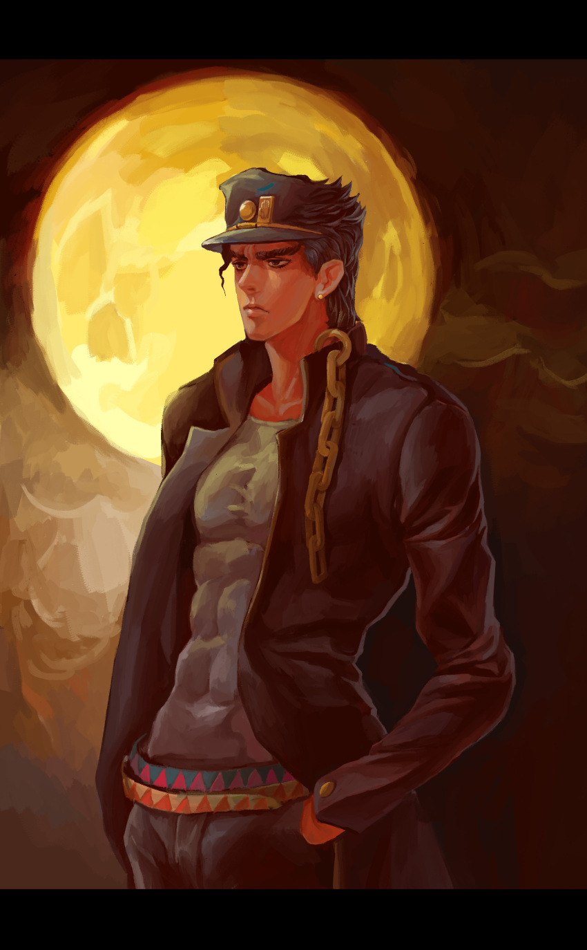 1boy abs absurdres black_eyes black_hair chain coat collarbone covered_navel ear_studs earrings frown guantourou hand_in_pocket hat highres jewelry jojo_no_kimyou_na_bouken kuujou_joutarou letterboxed male_focus muscle solo upper_body