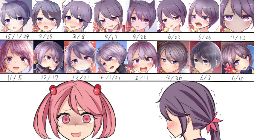 akebono_(kantai_collection) bell blush commentary_request eyebrows eyebrows_visible_through_hair flower hair_bell hair_bobbles hair_flower hair_ornament highres kantai_collection long_hair neit_ni_sei open_mouth pink_eyes pink_hair purple_hair reaction sazanami_(kantai_collection) short_hair side_ponytail surprised trembling violet_eyes
