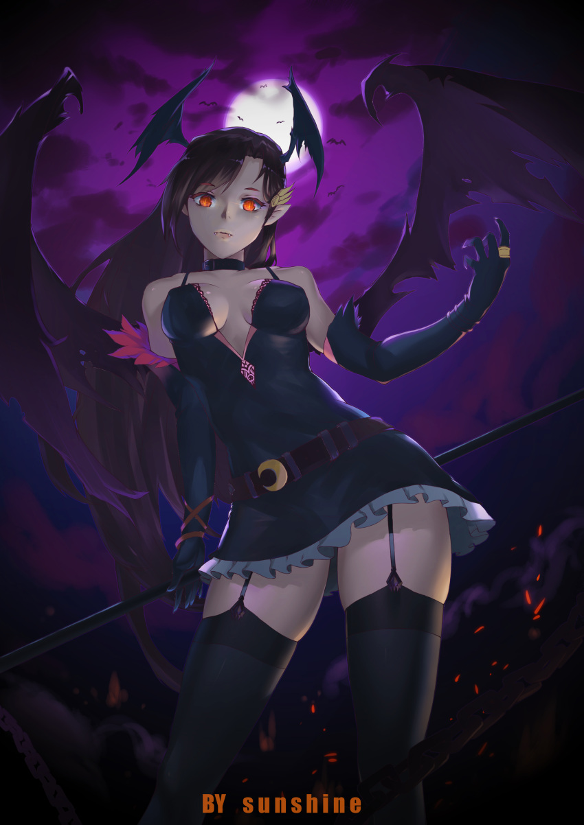 1girl absurdres animal artist_name bare_shoulders bat bat_wings belt black_dress black_gloves black_legwear breasts choker cleavage closed_mouth clouds contrapposto cowboy_shot crescent dress elbow_gloves fangs frilled_dress frills from_below full_moon garter_straps gloves head_wings highres holding holding_staff holding_weapon jewelry koakuma looking_at_viewer looking_down moon moonlight night night_sky pink_lips polearm purple_sky red_eyes ring skindentation sky sleeveless sleeveless_dress staff standing sunshine_(1638509769) teeth thigh-highs touhou weapon wings wristband zettai_ryouiki