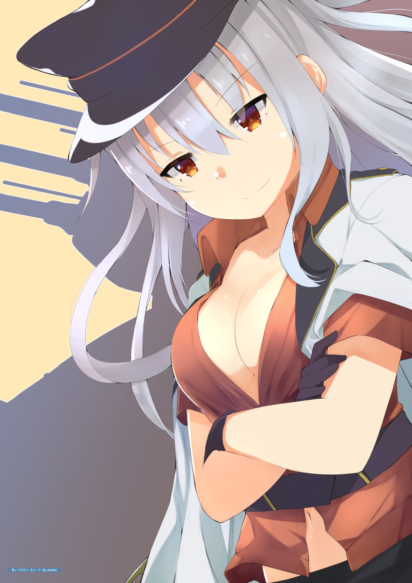 1girl black_gloves breasts brown_eyes cannon cleavage collarbone crossed_arms gangut_(kantai_collection) gloves grey_hair hat highres jacket jacket_on_shoulders kantai_collection long_hair looking_at_viewer midriff myuto_(advent_retribution) open_clothes open_shirt peaked_cap shirt short_sleeves smile solo turret twitter_username upper_body white_jacket