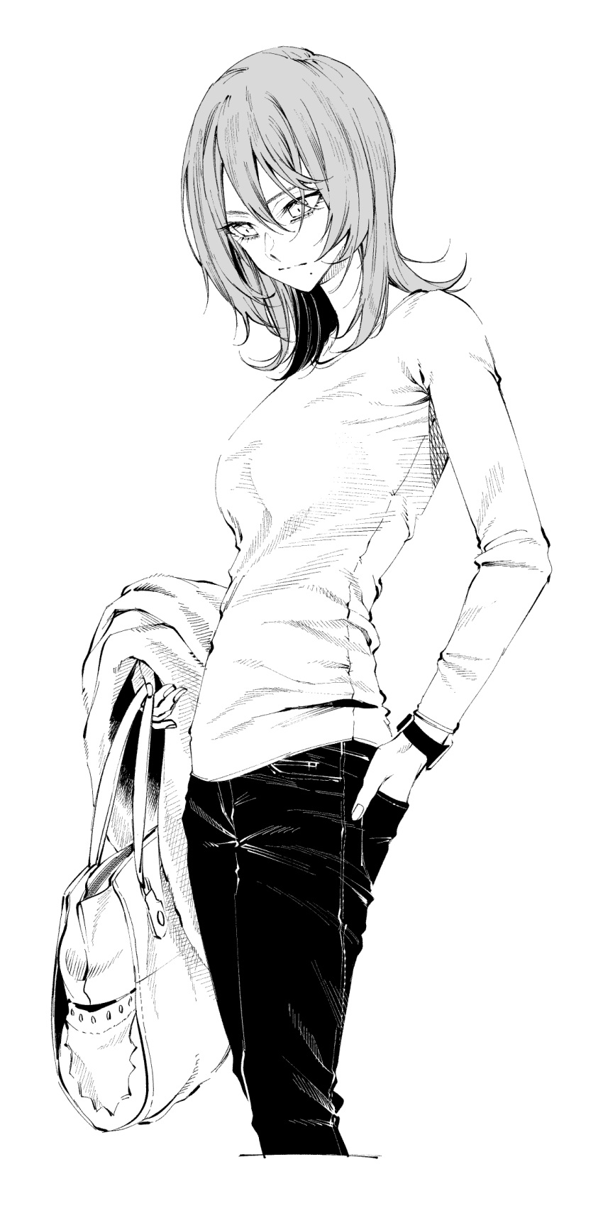 1girl bag commentary_request cropped_legs expressionless greyscale hair_between_eyes hand_in_pocket handbag highres holding holding_clothes holding_jacket jacket looking_down medium_hair mole mole_under_mouth monochrome original pants simple_background solo sweater vice_(kuronekohadokoheiku) watch watch