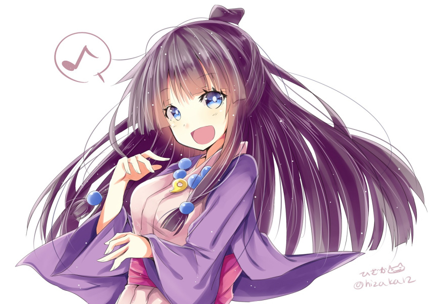 1girl :d ayasato_mayoi black_hair blue_eyes gyakuten_saiban hair_bobbles hair_ornament half_updo hizaka japanese_clothes jewelry kimono long_hair looking_at_viewer magatama musical_note necklace open_mouth shiny shiny_hair smile solo spoken_musical_note twitter_username white_background wide_sleeves