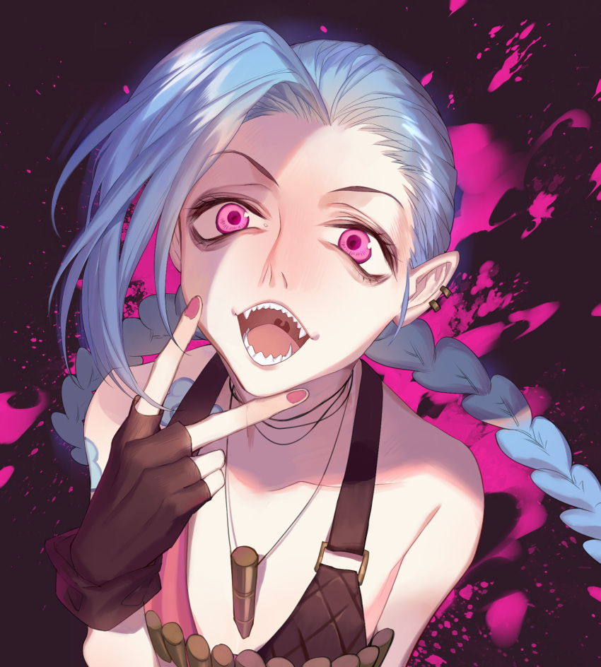 1girl bangs blood blood_splatter blue_hair braid bullet dj.adonis earrings eyebrows eyebrows_visible_through_hair eyelashes fangs fingerless_gloves fingernails flat_chest gloves highres jewelry jinx_(league_of_legends) league_of_legends long_hair looking_at_viewer necklace nostrils open_mouth peace_symbol pink_blood pink_eyes sharp_teeth smile solo tagme tattoo teeth tongue twin_braids uvula v