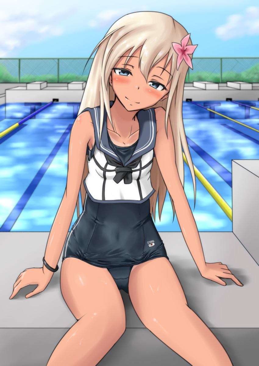 1girl blonde_hair blue_eyes crop_top flower hair_flower hair_ornament highres kantai_collection one-piece_tan poolside ro-500_(kantai_collection) sailor_collar school_swimsuit sitting swimsuit swimsuit_under_clothes tachi_(mtd) tan tanline
