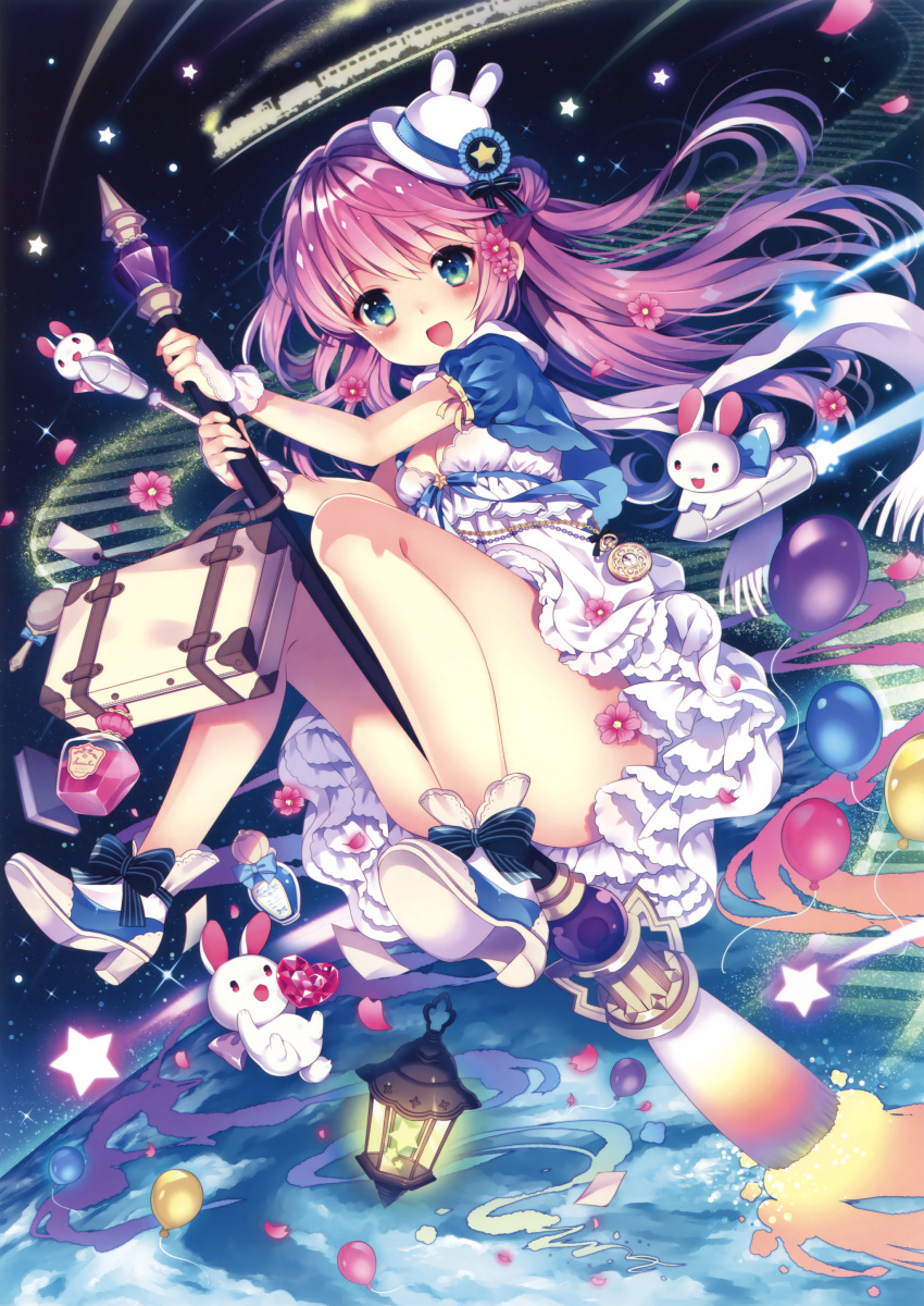 1girl :d absurdres balloon blue_bow blue_eyes book boots bottle bow breasts broom broom_riding capelet cleavage convenient_leg crystal dress flower full_body ground_vehicle hair_bun hair_flower hair_ornament hat heart highres lantern long_hair mini_hat open_mouth original petals pink_hair planet pocket_watch rabbit rocket scan silhouette smile star striped striped_bow suitcase train wasabi_(sekai) watch white_boots white_dress