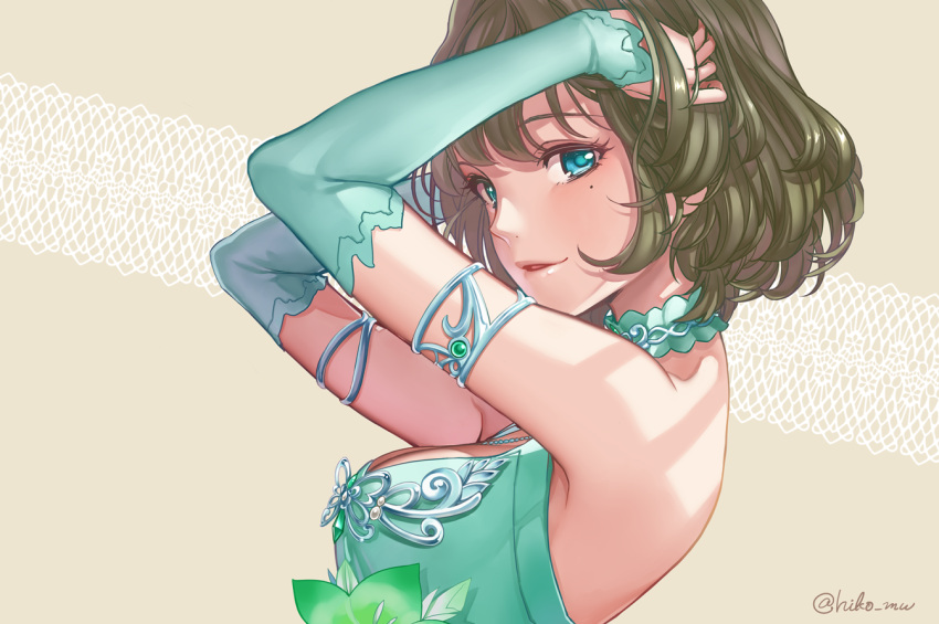 1girl armlet arms_up bangs beige_background blue_eyes breasts brown_hair crystal detached_sleeves eyelashes formal from_side green_eyes hands_in_hair heterochromia hikonyaaa idolmaster idolmaster_cinderella_girls jewelry large_breasts looking_at_viewer mole mole_under_eye necklace parted_lips patterned_background shade short_hair sleeveless smile solo takagaki_kaede twitter_username upper_body