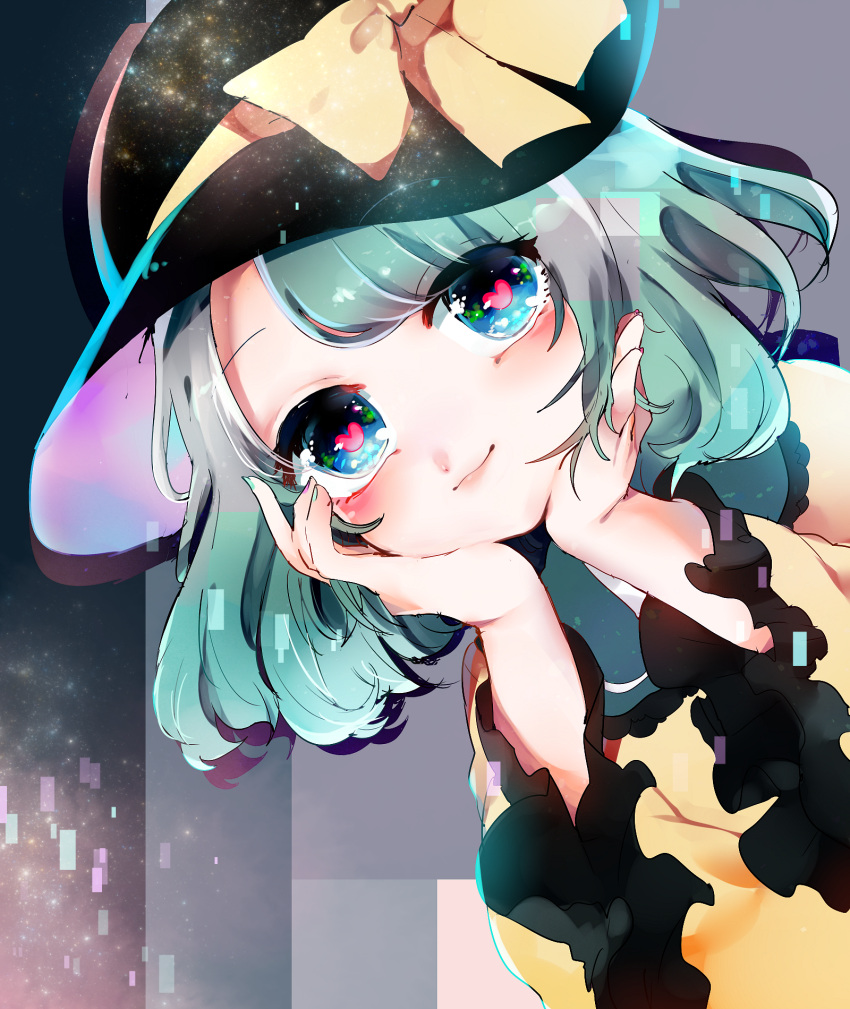 1girl blue_eyes green_hair hands_on_own_cheeks hands_on_own_face hat hat_ribbon head_rest heart heart-shaped_pupils highres komeiji_koishi looking_at_viewer ribbon smile space star_(sky) suzune_hapinesu symbol-shaped_pupils touhou