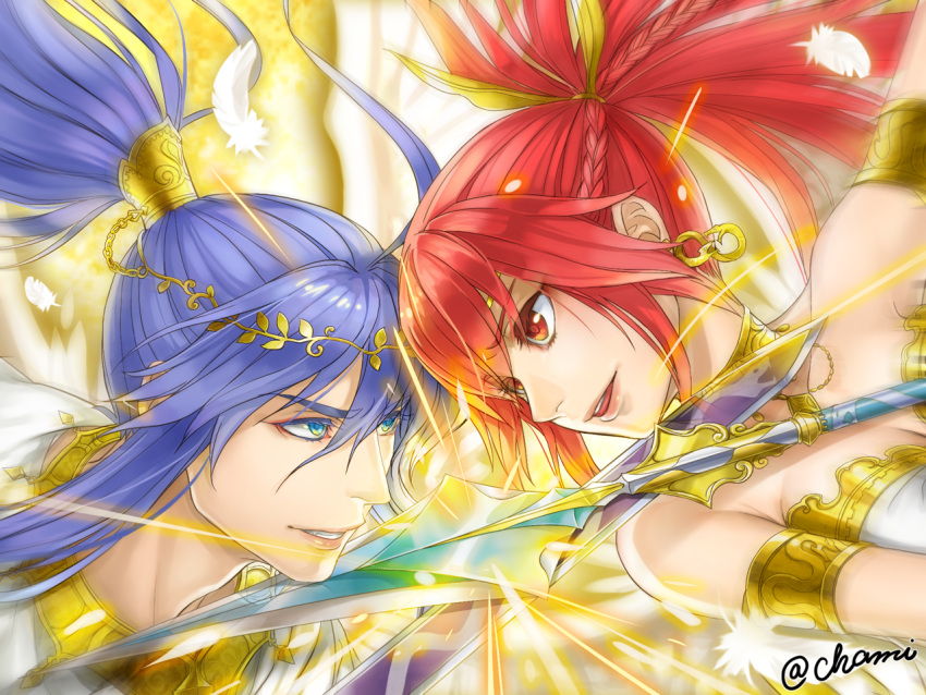 1boy 1girl armlet artist_name bangs bare_shoulders blue_eyes blue_hair braid breasts clash cleavage close-up commentary_request cul earrings eye_contact eyebrows eyebrows_visible_through_hair eyelashes face feathered_wings feathers hair_between_eyes head_wreath jewelry kamui_gakupo light long_hair looking_at_another nose polearm ponytail red_eyes redhead shamisonisu signature sleeveless spear strapless sword teeth vocaloid weapon wings yellow_background