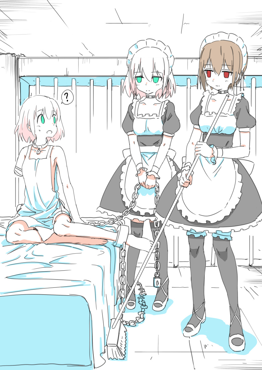 3girls absurdres apron bandages barikiosu bars bed chain clone collar commentary_request cuffs dress dungeon frills green_eyes highres maid maid_apron maid_headdress multiple_girls original red_eyes short_hair skirt tagme