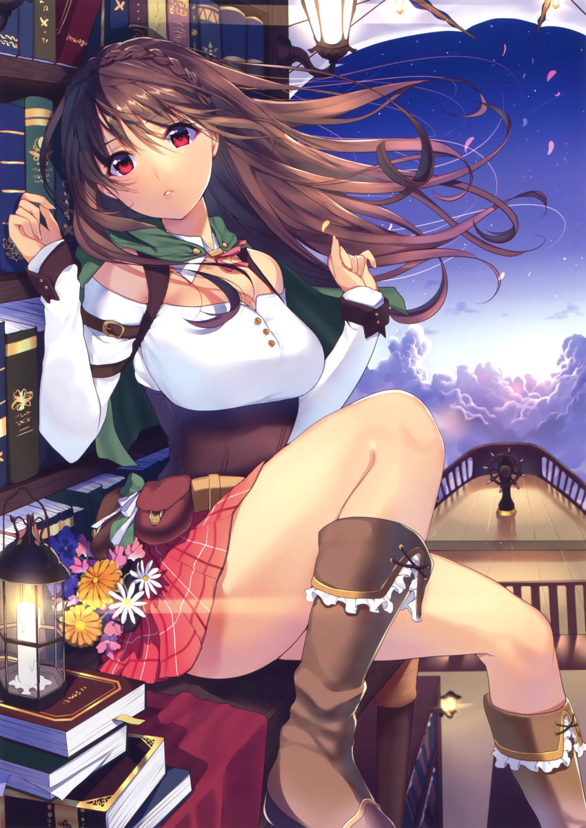 1girl absurdres arm_belt bare_shoulders book bookmark bookshelf boots braid breasts brown_boots brown_hair candle capelet clouds detached_collar flower highres lantern matarou_(genkai_toppa) miniskirt original outdoors parted_lips petals plaid plaid_skirt railing red_eyes red_skirt scan ship's_wheel shirt sitting skirt sky sleeves_past_wrists solo underbust white_shirt wind