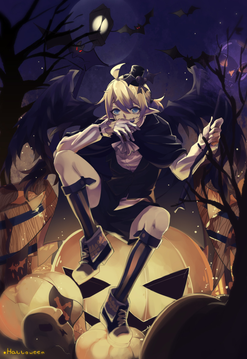 1boy ahoge barrel bat bat_wings blonde_hair covering_mouth full_body gloves hair_tie halloween hand_over_own_mouth hat highres jack-o'-lantern kagamine_len kneehighs lamppost luza_(moeluw) male_focus mini_hat mini_top_hat moon night night_sky ponytail pumpkin scepter shoes short_shorts shorts sitting skull sky sneakers solo stitches top_hat vocaloid white_gloves wings