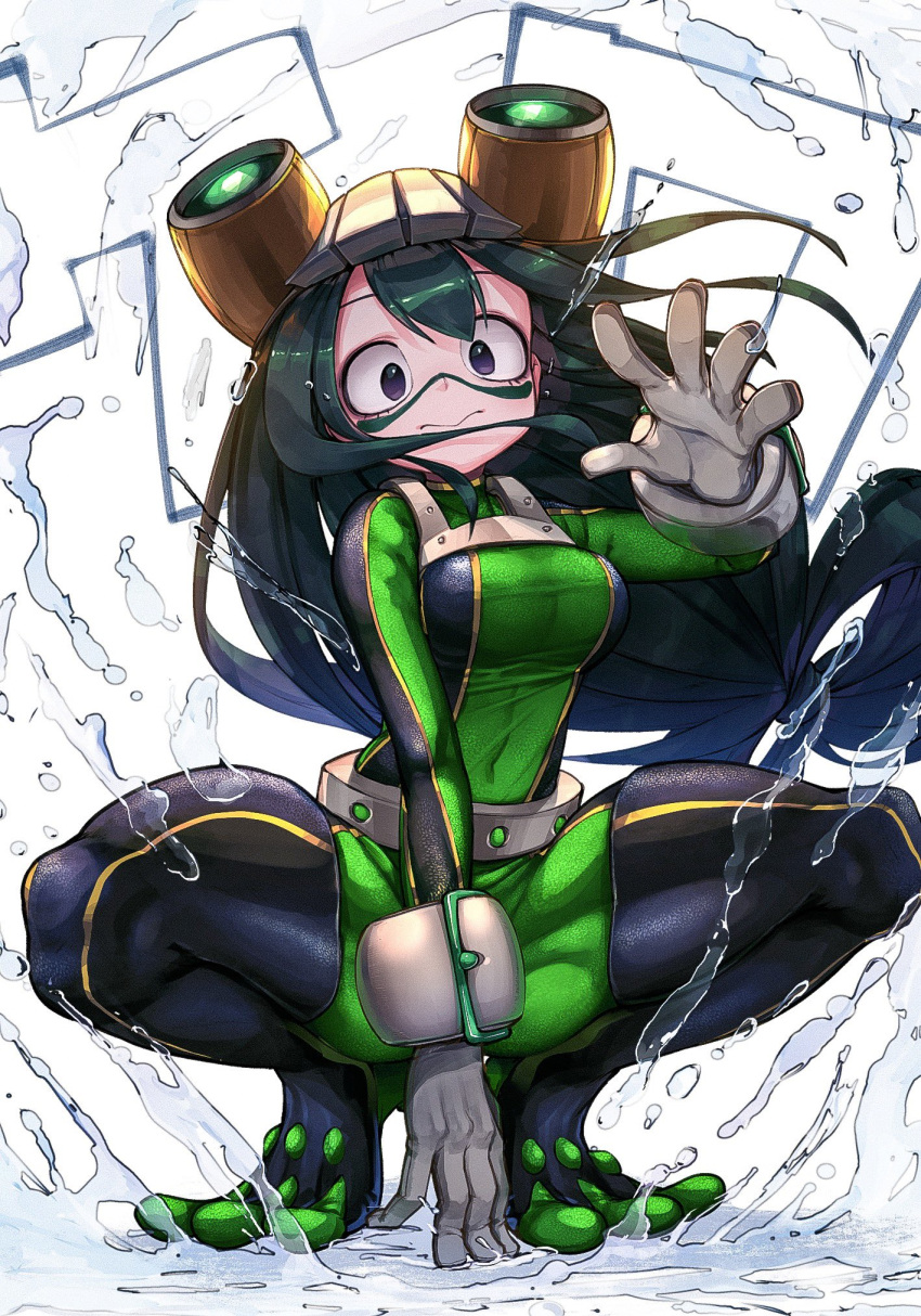 1girl asui_tsuyu bodysuit boku_no_hero_academia breasts commentary covered_navel dark_green_hair full_body gloves goggles goggles_on_head green_bodysuit green_eyes hand_on_ground highres kashu_(hizake) long_hair looking_at_viewer medium_breasts outstretched_arm reaching_out solo splashing squatting symbol_commentary very_long_hair water white_background