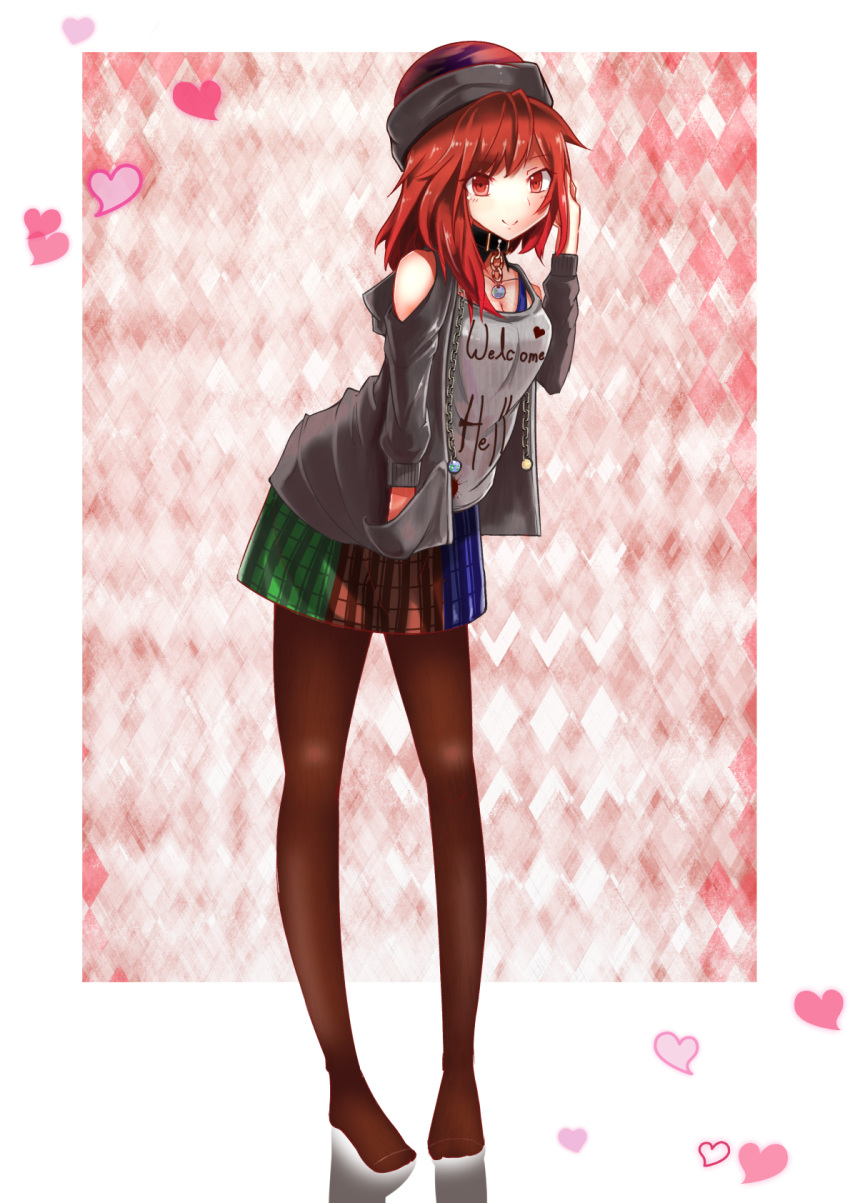 1girl adapted_costume bare_shoulders blush breasts brown_legwear chain cleavage clothes_writing collar full_body grey_shirt hand_in_pocket heart hecatia_lapislazuli highres hood hood_down hoodie leaning_forward legs long_hair long_sleeves looking_at_viewer miniskirt multicolored_skirt pantyhose plaid plaid_skirt polos_crown poyosuke red_eyes redhead revision shirt shoulder_cutout skirt smile solo t-shirt touhou