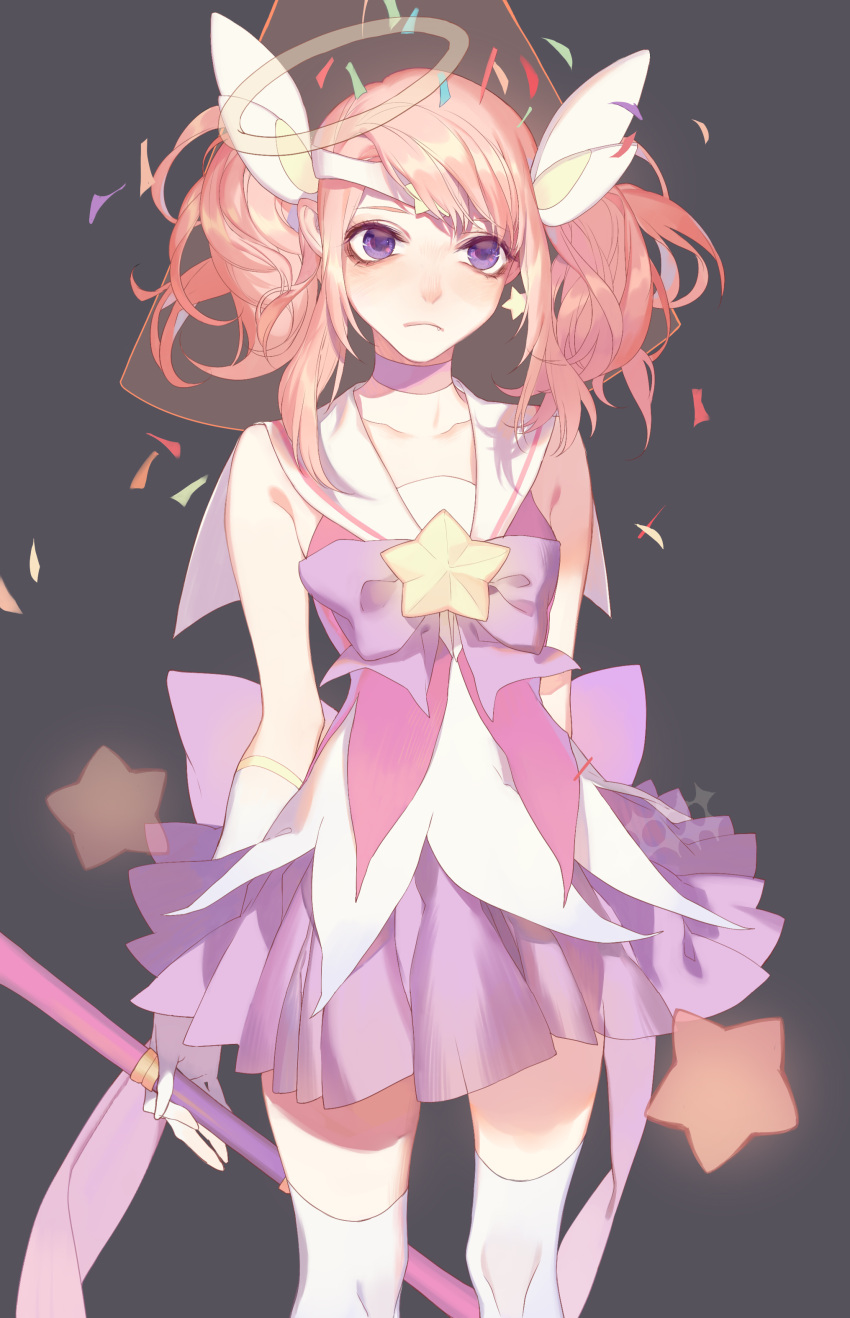 1girl absurdres alternate_costume alternate_hair_color alternate_hairstyle blush bow choker collarbone dj.adonis elbow_gloves fang flat_chest frown gloves headband highres holding holding_wand league_of_legends long_hair luxanna_crownguard magical_girl pink_hair pleated_skirt sailor_collar simple_background skirt solo star star_guardian_lux thigh-highs tiara twintails violet_eyes wand white_gloves
