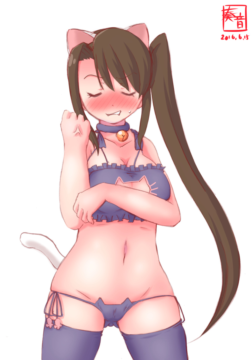 1girl animal_ears artist_name bare_shoulders bell bell_choker blush bra breasts brown_hair cat_cutout cat_ear_panties cat_ears cat_lingerie cat_tail choker cleavage clenched_teeth closed_eyes commentary_request dated eyebrows eyebrows_visible_through_hair fake_animal_ears fake_tail highres kanon_(kurogane_knights) kantai_collection long_hair nachi_(kantai_collection) navel side_ponytail simple_background solo tail teeth underwear white_background