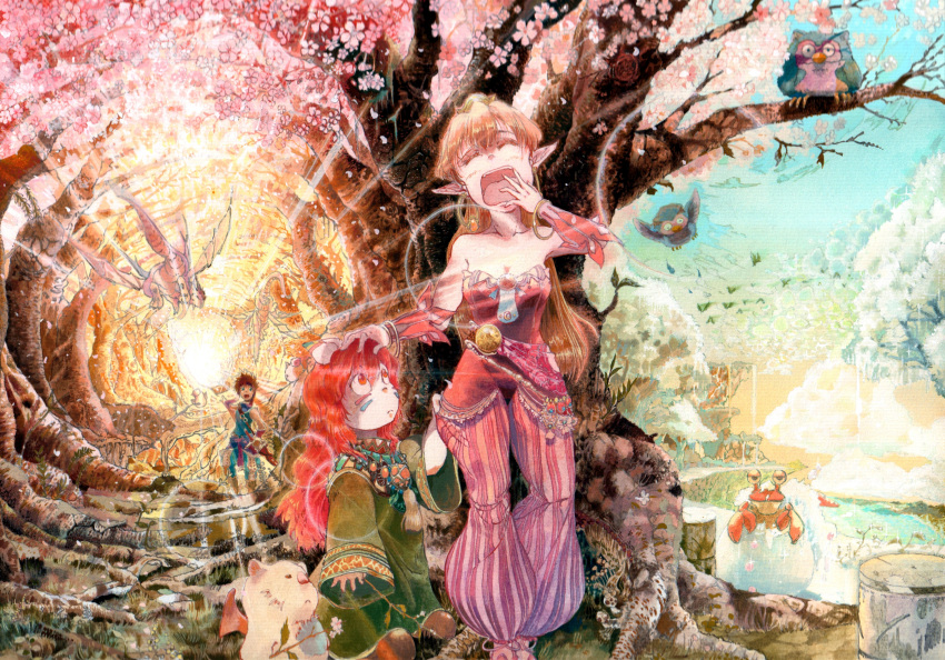 1boy 2girls absurdres bangle bare_shoulders bird blue_eyes bracelet brown_hair brown_shoes crab dyluck earrings facing_viewer forest highres jewelry multiple_girls nature open_mouth owl pants popoie purim red_eyes redhead scenery seiken_densetsu seiken_densetsu_2 shoes standing striped striped_pants sword tagme towanoumi traditional_media tree vanishing_point vertical_stripes weapon wide_sleeves yawning