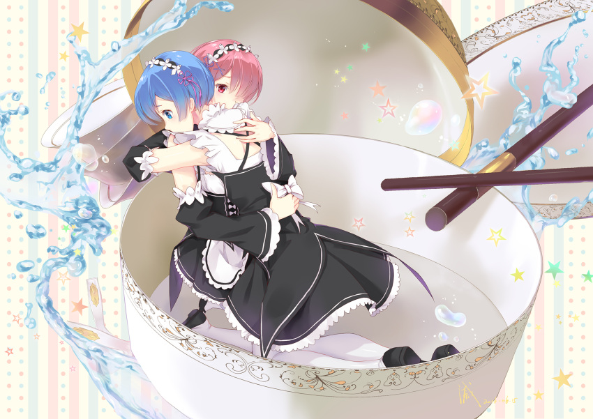 2girls back black_dress black_shoes blue_eyes blue_hair blush bow bowl chopsticks covered_mouth detached_sleeves dress frills hair_ornament hair_over_one_eye hair_ribbon hairband hand_on_another's_back highres hug in_container kneeling mad_hatter_(artist) maid minigirl multiple_girls one_eye_covered oversized_object pantyhose pink_hair plate polka_dot polka_dot_background profile ram_(re:zero) re:zero_kara_hajimeru_isekai_seikatsu red_eyes rem_(re:zero) ribbon shoes short_hair siblings sisters star striped twins water white_apron white_bow white_legwear x_hair_ornament