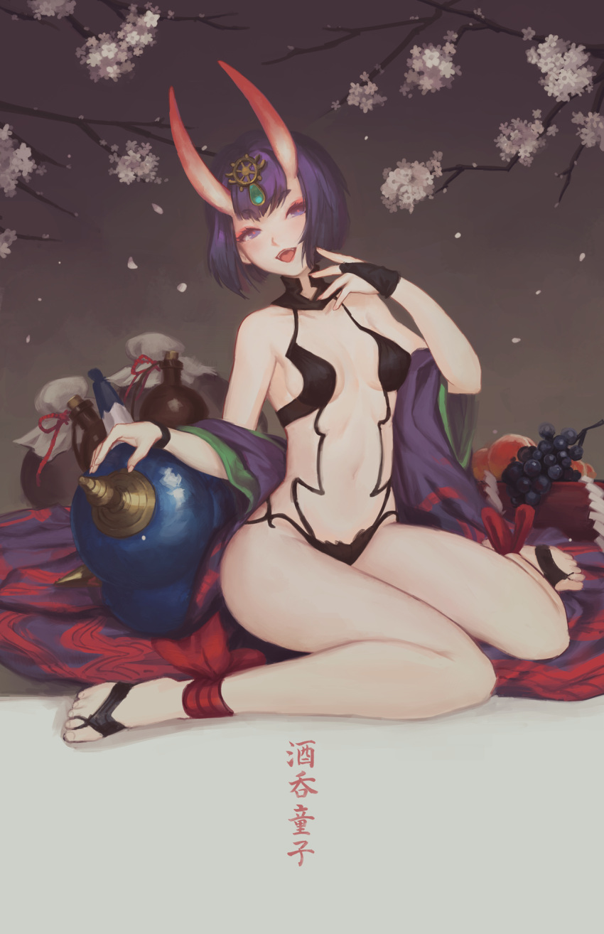 1girl bottle bowl cherry_blossoms doomfest fate/grand_order fate_(series) food fruit gourd grapes highres horns japanese_clothes kimono looking_at_viewer navel oni oni_horns open_mouth peach petals purple_hair short_hair shuten_douji_(fate/grand_order) sitting small_breasts smile solo violet_eyes wariza
