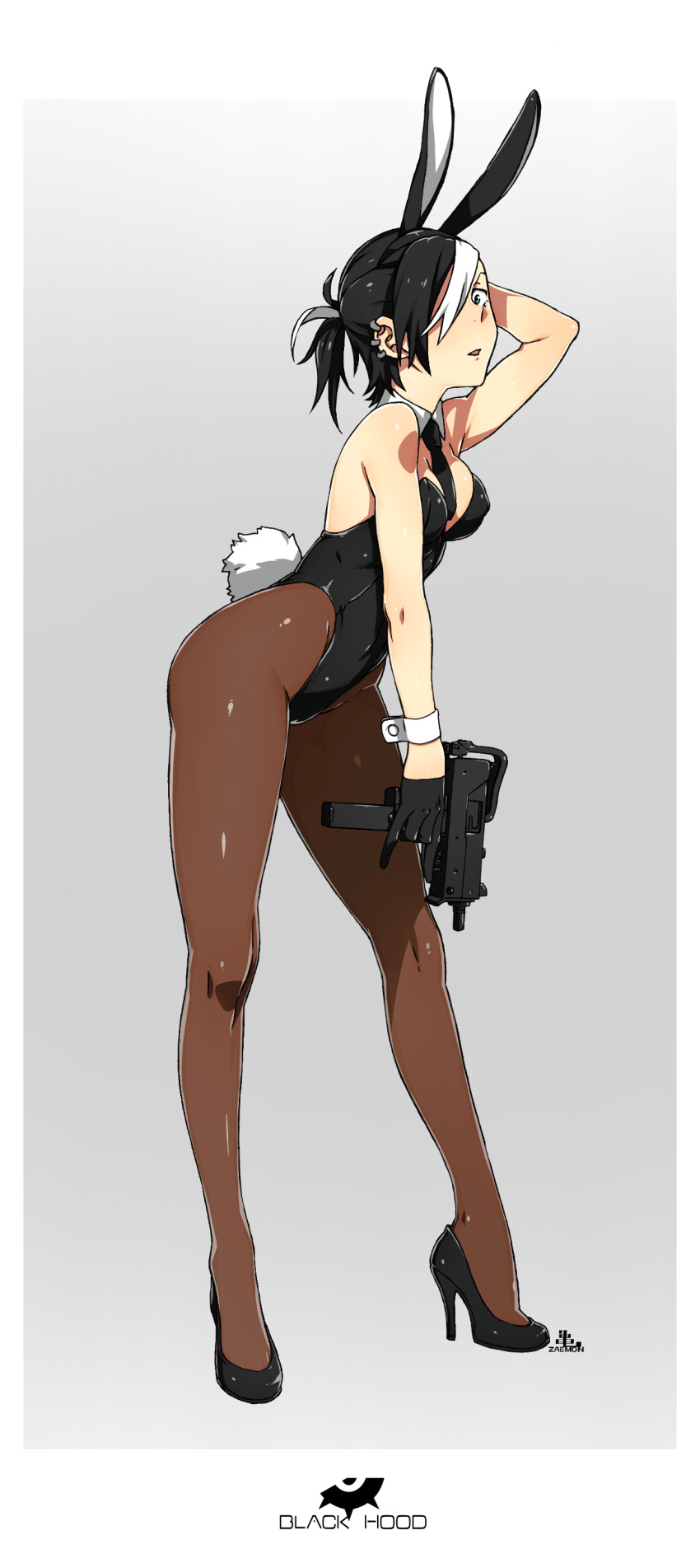 1girl absurdres animal_ears arm_behind_head bare_shoulders black_hair black_hood blue_eyes blush bow bowtie breasts bunny_girl bunny_tail bunnysuit cleavage covered_nipples detached_collar earrings fake_animal_ears full_body gloves gradient gradient_background gun hair_over_one_eye high_heels highres holding holding_gun holding_weapon jewelry kamezaemon leotard multicolored_hair original pantyhose ponytail rabbit_ears short_hair skin_tight solo submachine_gun tail trigger_discipline two-tone_hair weapon white_hair wrist_cuffs