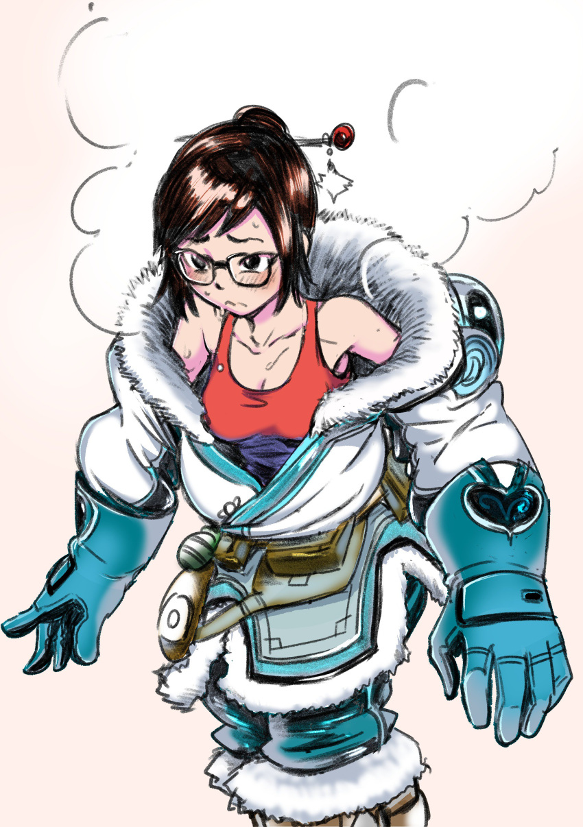 1girl absurdres collarbone commentary cowboy_shot frown fur_collar fur_trim glasses gloves hair_ornament hairpin highres hot mei_(overwatch) monochrome_background nakahara_keihei outfit overwatch steam sweat tank_top traditional_media