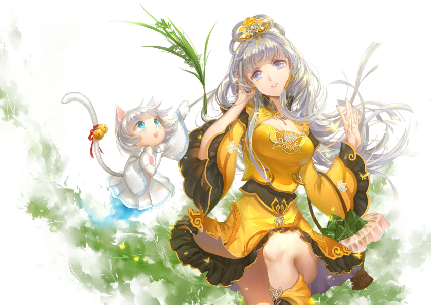 1girl absurdres animal_ears boots cat_ears cat_gloves cat_tail character_request chinese_clothes ching_nu_yu_hun dress hair_ornament hair_rings highres huazha01 long_hair official_art open_mouth original silver_hair smile tail violet_eyes