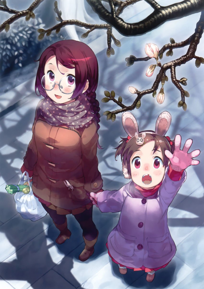 2girls :d absurdres animal_ears arm_up bag bangs black_legwear blush boots braid brown_boots brown_hair bud bunny_hair_ornament coat fake_animal_ears flower from_above glasses gloves hair_ornament highres holding holding_hands huge_filesize long_hair missing_teeth multiple_girls nose_blush open_mouth original outstretched_arm pantyhose pink_gloves plastic_bag purple_hair rabbit_ears reaching_out round_glasses scan scarf silhouette smile spring_onion standing swept_bangs tree_branch twintails violet_eyes yasu
