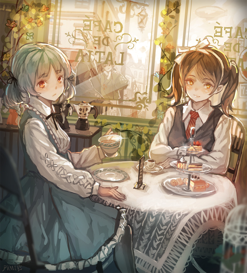 1boy 3girls bow brown_eyes brown_hair cafe coffee_maker_(object) cup dish dress est frills grey_hair hair_bow hair_ribbon hairband highres holding holding_cup indoors lace light_frown light_smile looking_at_viewer multiple_girls necktie original pvmivs rabbit ribbon sitting slice_of_cake tablecloth teacup twintails window