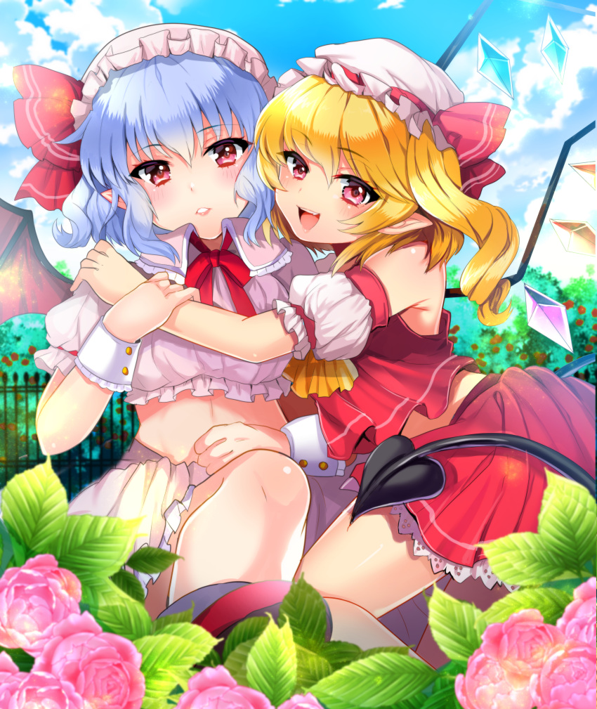 2girls :d absurdres adapted_costume arms_around_neck ascot bare_shoulders bat_wings bow clouds cloudy_sky crop_top crystal detached_sleeves dress fence flandre_scarlet flower hair_between_eyes hair_bow hat hat_ribbon highres hug lavender_hair lips looking_at_viewer midriff miniskirt mob_cap multiple_girls open_mouth outdoors parted_lips pink_dress pink_rose pointy_ears puffy_short_sleeves puffy_sleeves red_dress red_eyes red_ribbon remilia_scarlet ribbon rose short_dress short_hair short_sleeves side_ponytail skirt sky smile touhou uzura_(moimoi) wings